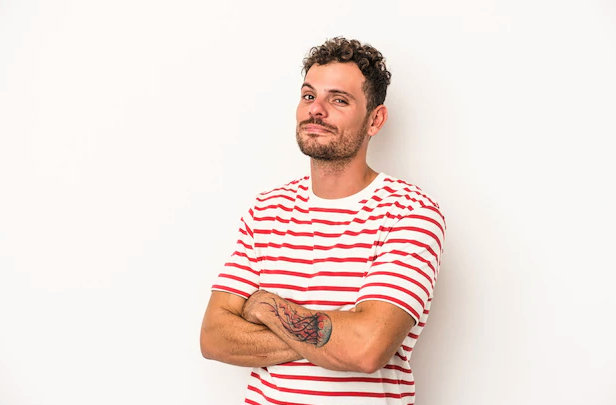 Man in red and white striped T-shirt